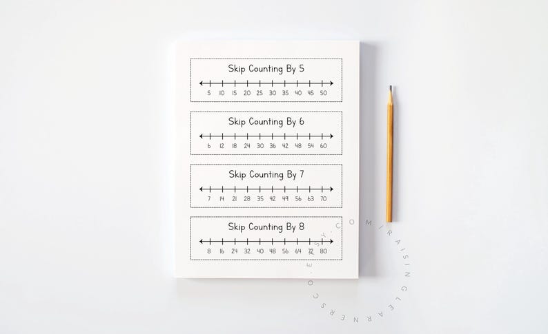 May include: A white notepad with black text showing skip counting by 5, 6, 7, and 8. A yellow pencil rests on the right side. The notepad is on a white surface.
