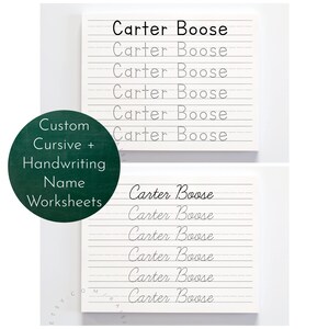 May include: Two white printable worksheets with dotted lines for practising cursive handwriting. The name "Carter Boose" is written in cursive on each worksheet.