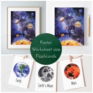Watercolor Solar System Pack Digital Download / Solar System Printable, Solar System Cards, 3 Part Cards, Space Unit, Solar System Worksheet