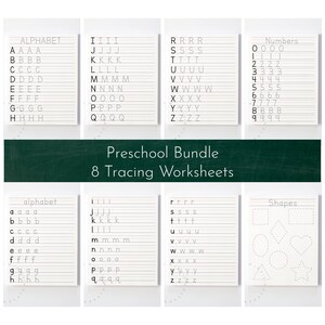 May include: A set of eight printable preschool tracing worksheets. The worksheets feature tracing lines for the alphabet, numbers, and shapes. The worksheets are designed to help children learn to write and improve their fine motor skills.