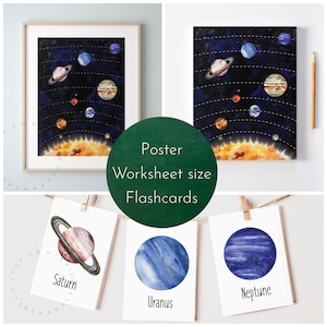 Watercolor Solar System Pack Digital Download / Solar System Printable, Solar System Cards, 3 Part Cards, Space Unit, Solar System Worksheet
