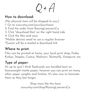May include: White background with the text "Q + A" in a handwritten font. The text provides instructions on how to download and print files, including where to print and the type of paper to use. The Etsy shop RaisingLearnersCo is mentioned.