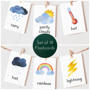 Set of 18 Weather Flashcards Printable / Weather Cards, Weather Activity, Nature Flashcards, Weather Print, Whats the Weather, Daily Weather