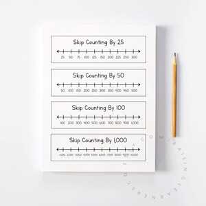 May include: A white notepad with black text showing skip counting by 25, 50, 100, and 1,000. A yellow pencil is positioned vertically next to the notepad. The notepad is for educational purposes.