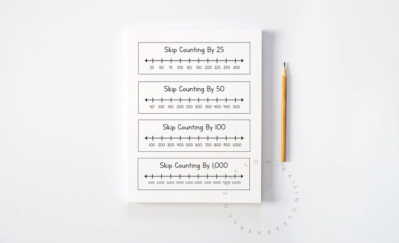 May include: A white notepad with black text showing skip counting by 25, 50, 100, and 1,000. A yellow pencil is positioned vertically next to the notepad. The notepad is for educational purposes.
