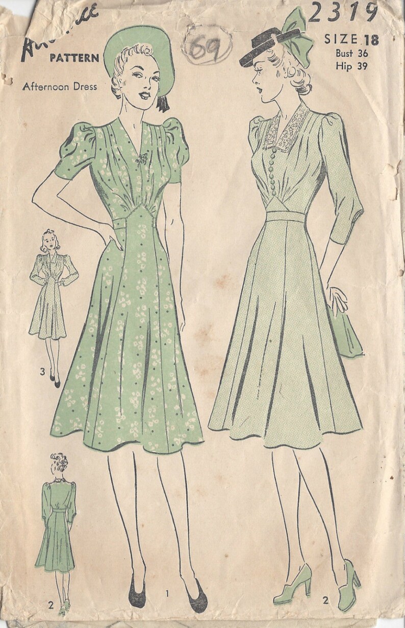 1940s Vintage Sewing Pattern DRESS B36' (69) Advance 2319 