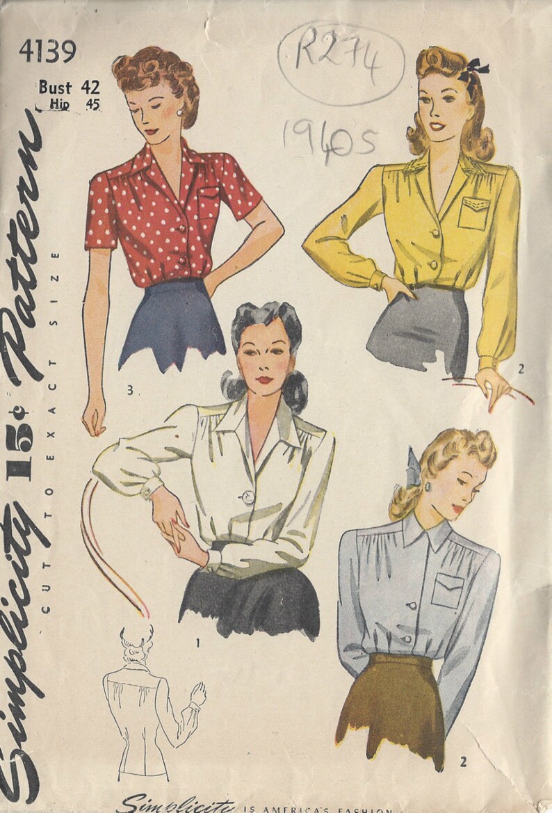 1940s Vintage Sewing Pattern BLOUSE B42' (R274) Simplicity 4139 