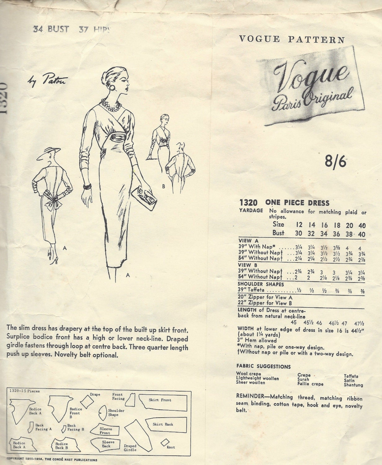 1955 Vintage VOGUE Sewing Pattern DRESS B34 1475 by - Etsy UK