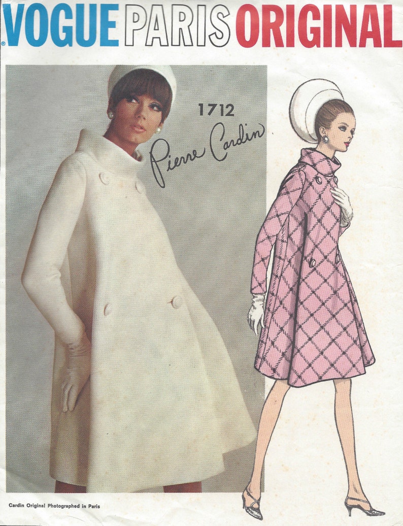 1960s Vintage VOGUE Sewing Pattern B36 COAT (1018) By 'Pierre Cardin' 1712 