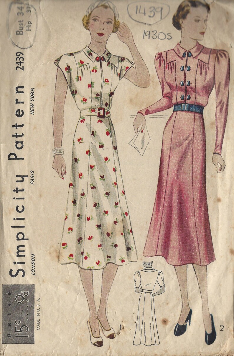 1930s Vintage Sewing Pattern B34 DRESS 1439 by Simplicity Etsy UK