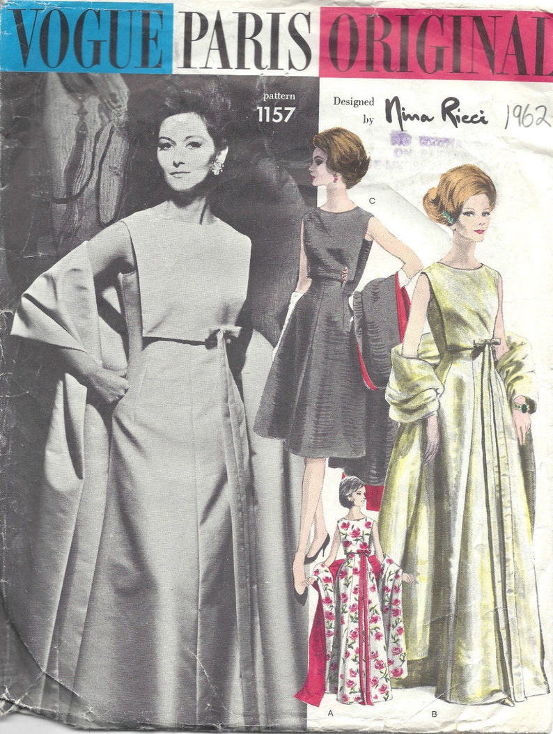 1962 Vintage VOGUE Sewing Pattern B32 Dress & Stole 1341 by Etsy