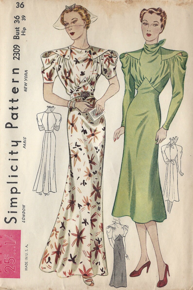 1930s Vintage Sewing Pattern B36 DRESS 1297 Simplicity 2309 Etsy