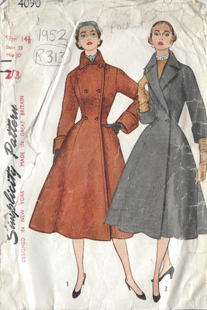 1952 Vintage Sewing Pattern COAT B33' (R313) Simplicity 4090 