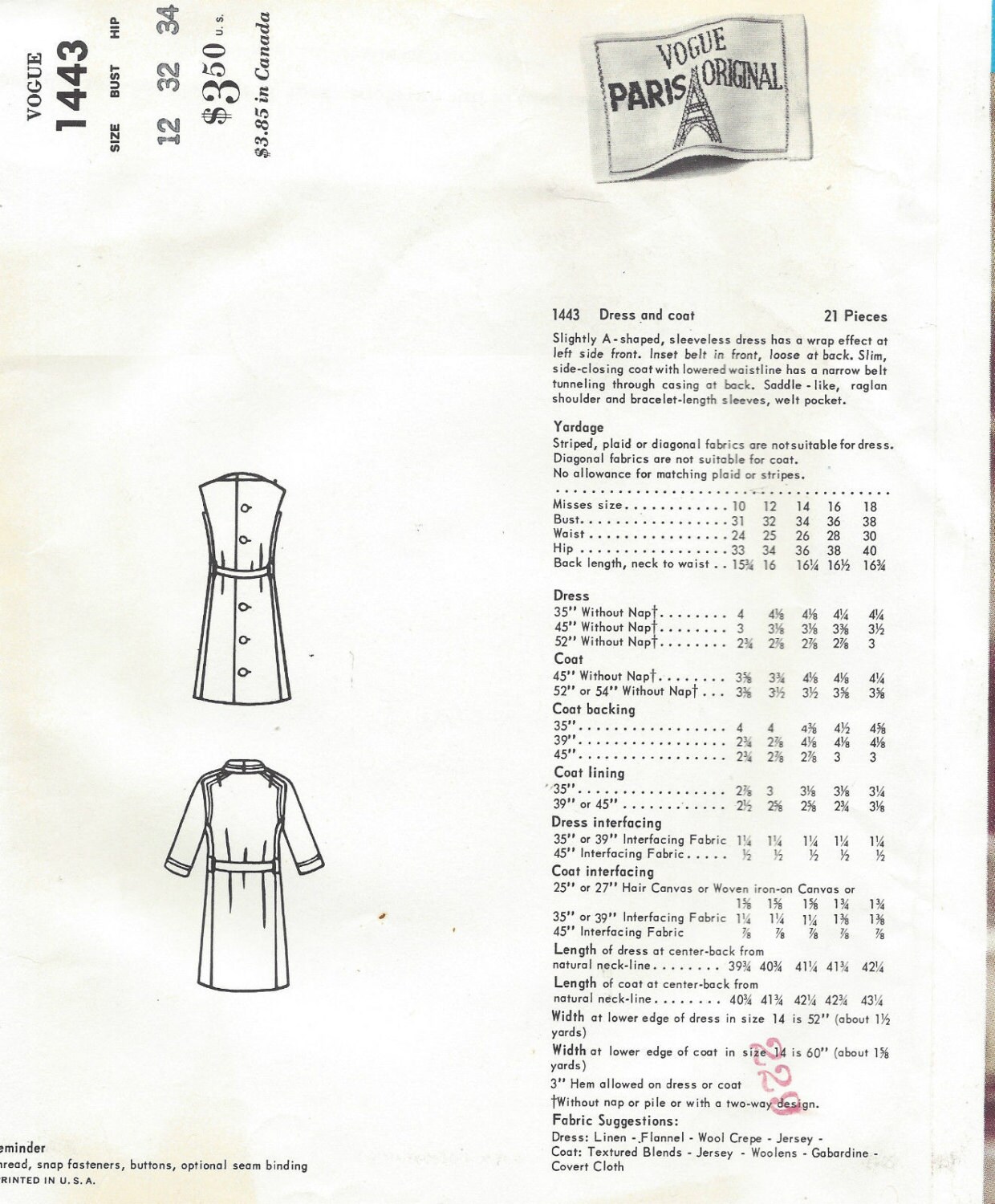 1965 Vintage VOGUE Sewing Pattern Dress & Coat B32 1422 by - Etsy