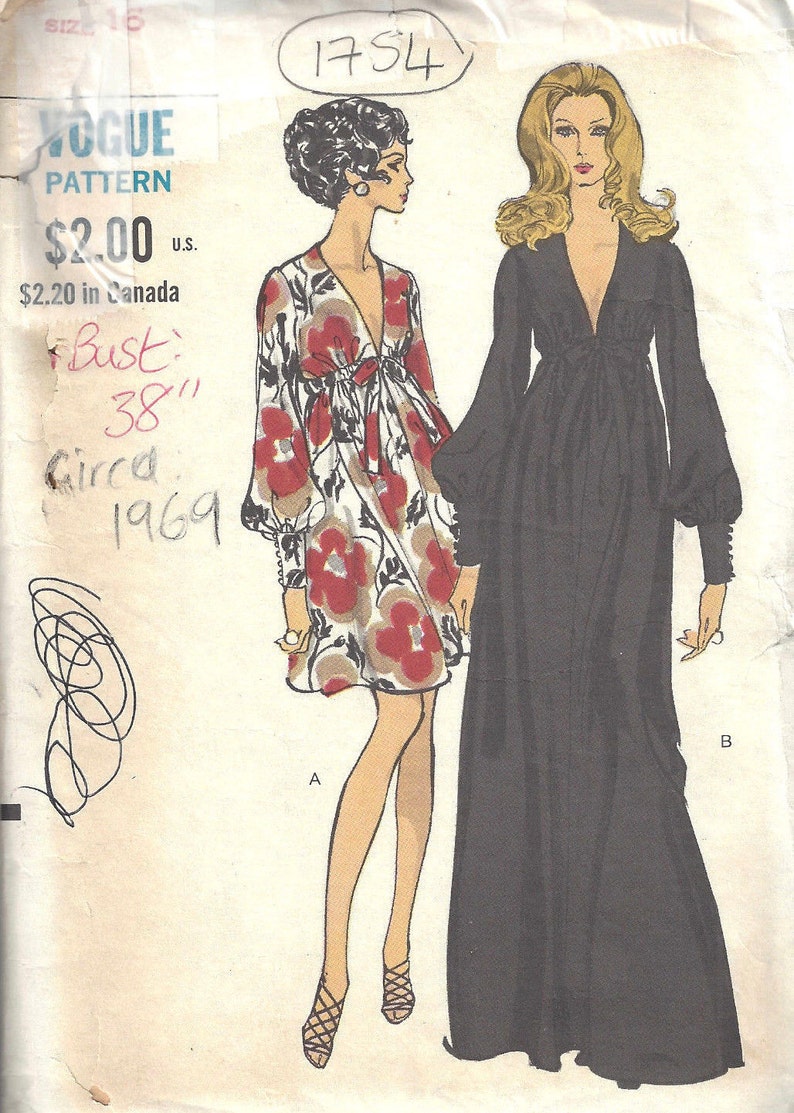 1969 Vintage VOGUE Sewing Pattern DRESS B38 (1754) Vogue 7630 