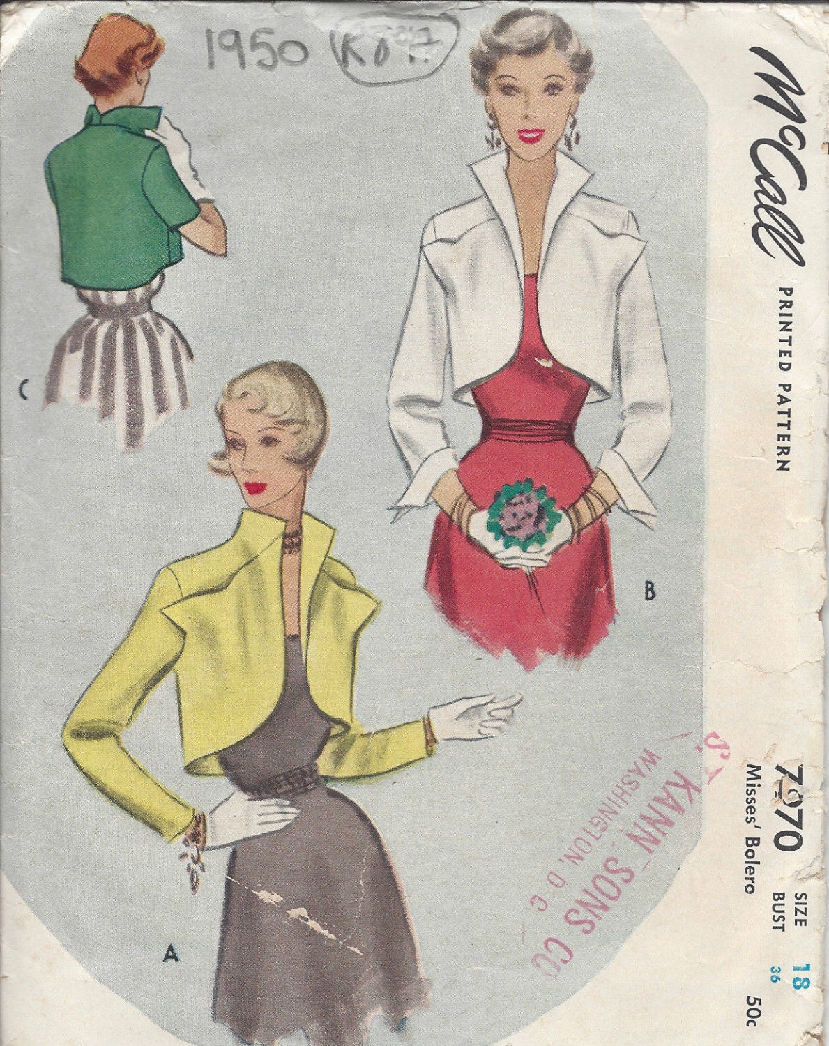 1950 Vintage Sewing Pattern B36 BOLERO 