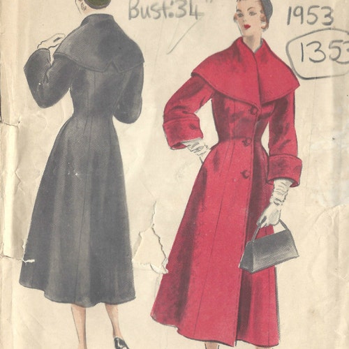 Manteau Vintage Vogue 1953 - Motif B34, Longueur 91.4cm, Style Coolie, Référence R472, Neuf