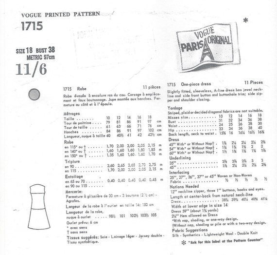 1967 Vintage Vogue Sewing Pattern Dress 8 1152 By Etsy Canada