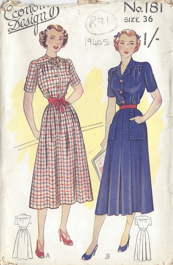 1940s Vintage Sewing Pattern DRESS B36 R71 Economy | Etsy