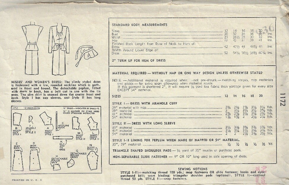 1944 WW11 Vintage Sewing Pattern B32 DRESS With - Etsy UK