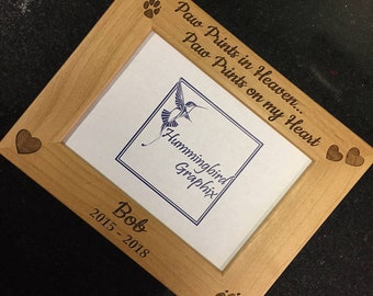 Personalized Pet Memorial Photo Frame, Paw Prints in Heaven Engraved Alder Wood