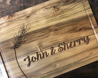 Personalized Teak Cutting Board, Engraved Wheat Design, Wedding Gift