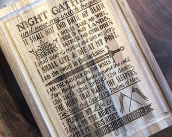 Game of Thrones Cutting Board: Engraved Teak, Night Watch Oath