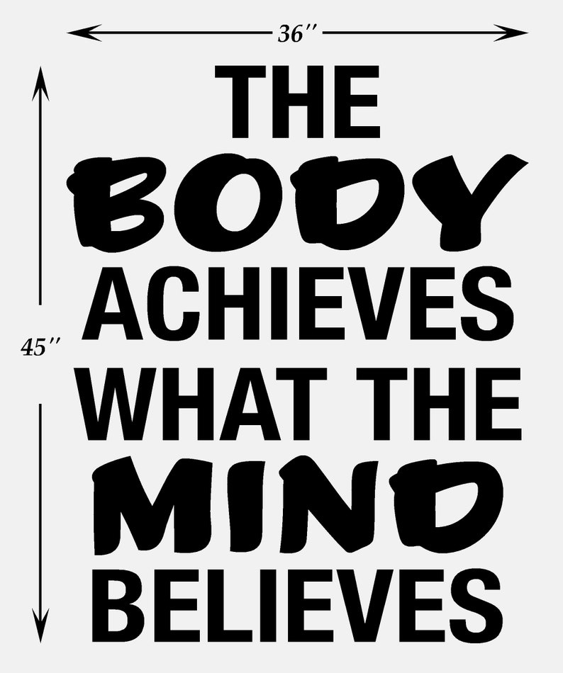May include: Black and white motivational quote wall art print that reads "The body achieves what the mind believes". The print measures 36 inches wide by 45 inches tall.