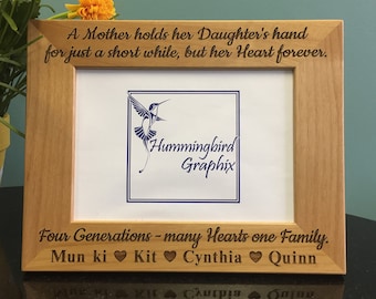 Engraved Alder Wood Picture Frame: Four Generations, Mother Daughter Gift