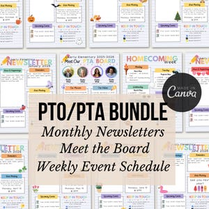 May include: Digital templates for school PTO/PTA use, featuring monthly newsletters, 'Meet the Board' introductions, and weekly event schedules. The designs include colorful graphics and the text 'PTO/PTA BUNDLE'.