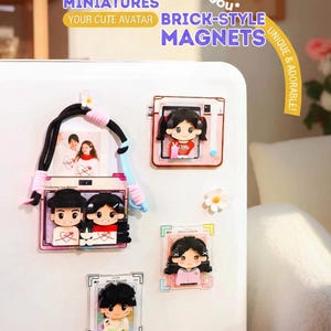 May include: A collection of custom photo miniature brick-style magnets. The magnets feature cartoon avatars and photos, with text that reads "CUSTOM PHOTO MINIATURES" and "YOUR CUTE AVATAR BRICK-STYLE MAGNETS". The magnets are in various sizes and shapes, and are attached to a white surface.