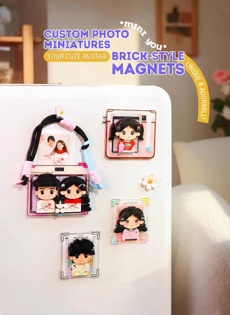 May include: A collection of custom photo miniature brick-style magnets. The magnets feature cartoon avatars and photos, with text that reads "CUSTOM PHOTO MINIATURES" and "YOUR CUTE AVATAR BRICK-STYLE MAGNETS". The magnets are in various sizes and shapes, and are attached to a white surface.