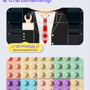 May include: Image of colorful building blocks with the text "Premium Materials & Craftsmanship" and "EXCELLENT". The blocks are in various colors, including pink, yellow, green, and purple. The image also shows a design of a suit with a red tie.