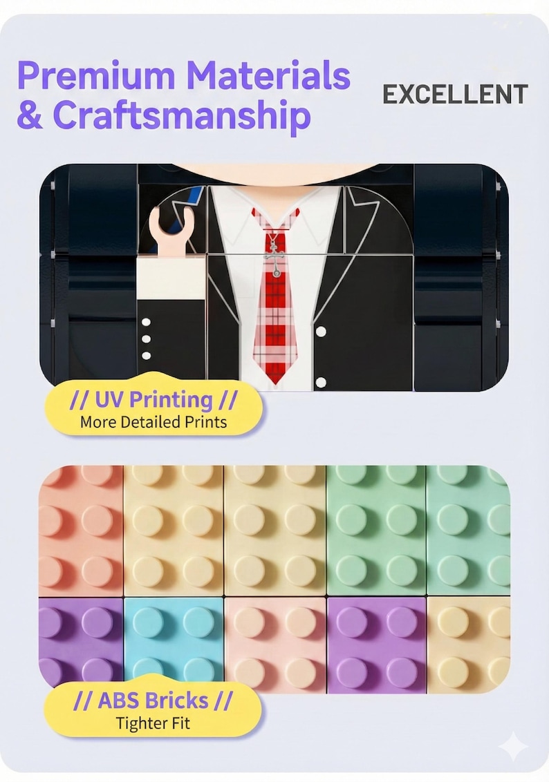 May include: Image of colorful building blocks with the text "Premium Materials & Craftsmanship" and "EXCELLENT". The blocks are in various colors, including pink, yellow, green, and purple. The image also shows a design of a suit with a red tie.