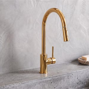 May include: A polished gold kitchen faucet with a high-arc gooseneck spout and a pull-down spray head. The faucet features a single vertical lever handle on the side for water control, showcasing a reflective metallic finish and a sleek design.