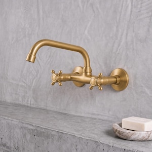 Unlacquered Brass Bridge Kitchen Faucet with Sprayer, Vintage Wall-Mount Swivel Basin Mixer, Antique Brass Dual Handle Sink Tap Set