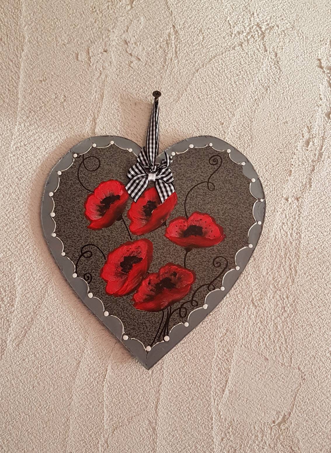 Coeur en Bois/Décor Coquelicots Poppies Cadeau Artisanat D Art Wooden Heart Suspension Bois