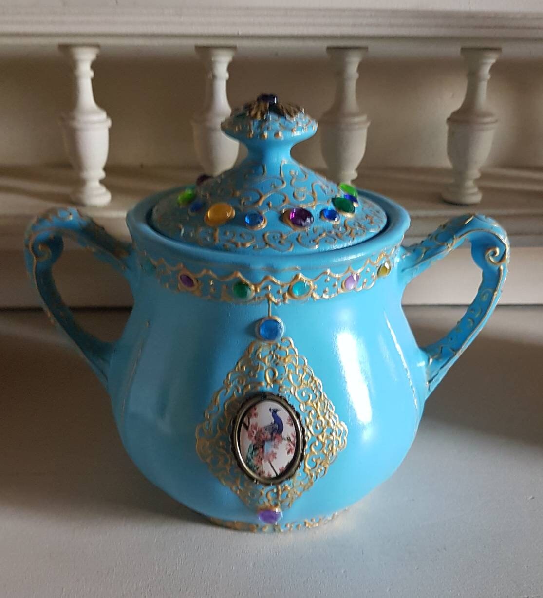 Sucrier en Porcelaine .sugar Bowl .bleu.bonbonnière .home Décor.hand Paint.vintage Style Empire .bro