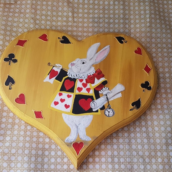 Coeur en bois /coeur à suspendre /peint à la main /Alice au pays des merveilles /Lapin blanc /Acrylique /wooden heart /Atelier Crearecup