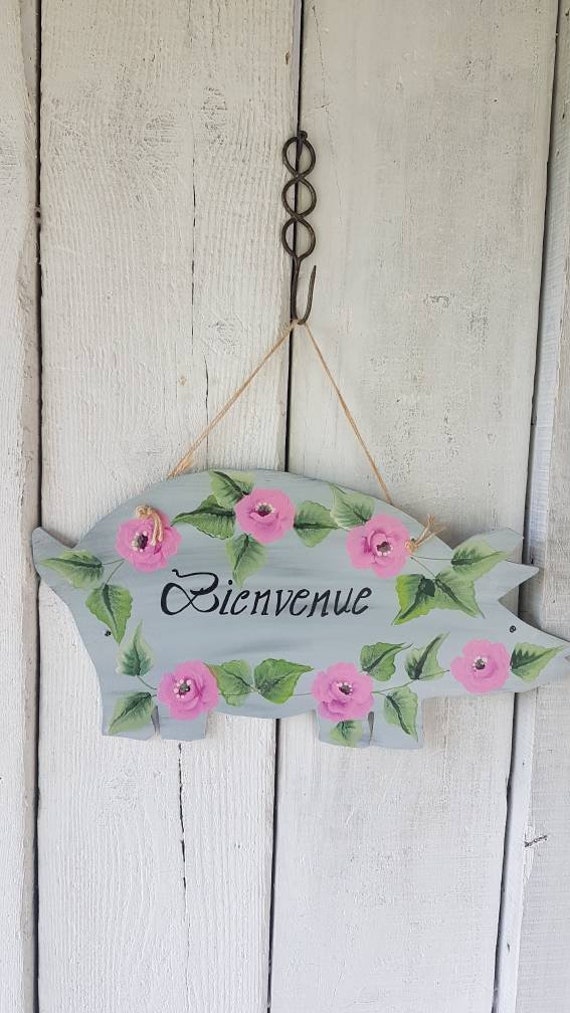 Plaque de Porte en Bois-Welcome - Campagne-Hand Paint-Country Painting-Hand Painted- Atelier Crearec