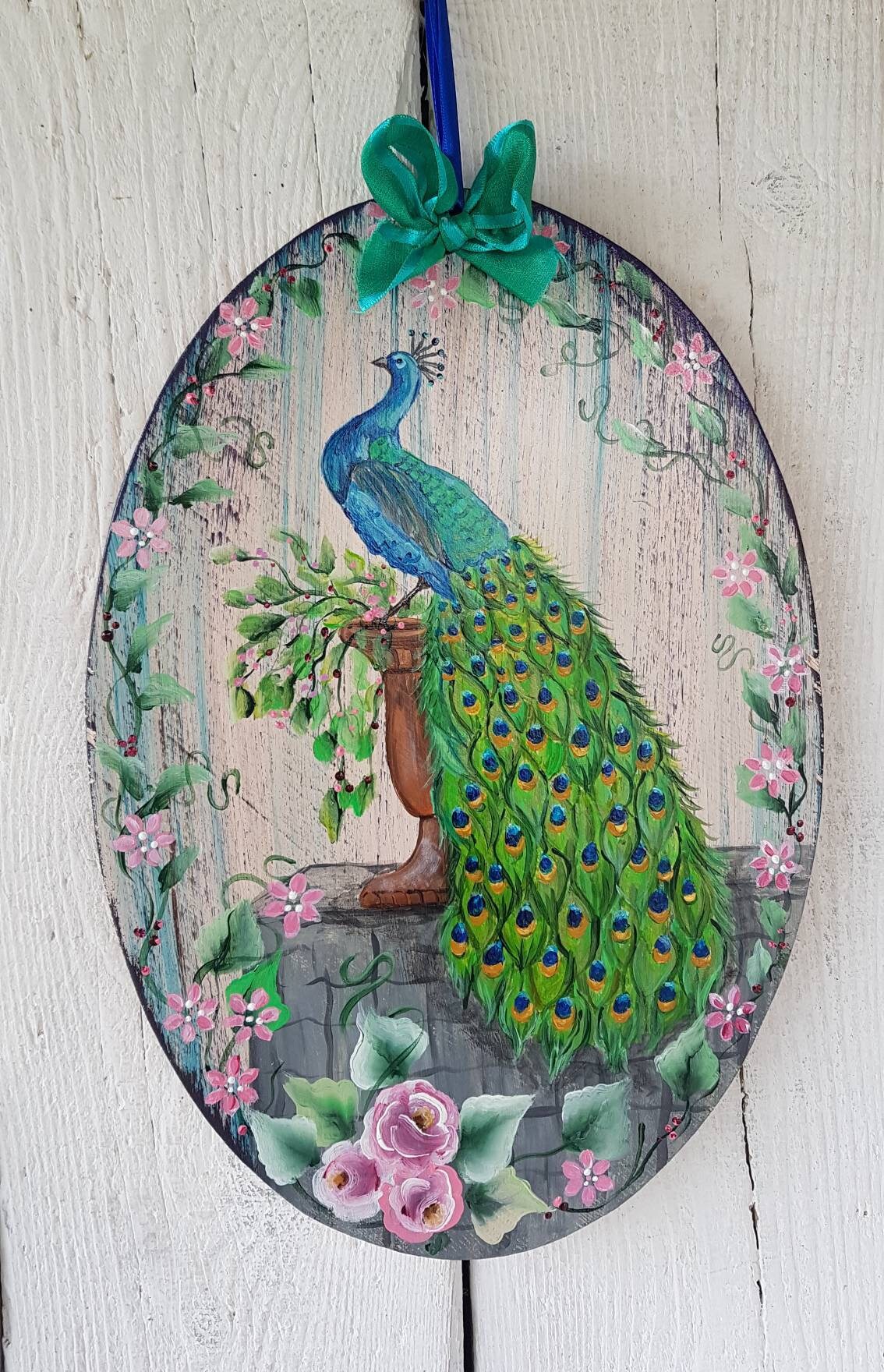 Plaque en Bois Peinte à La Main/Plaque Décorative Paon Peacock/Hand Painted Cadeau Atelier Crearecup