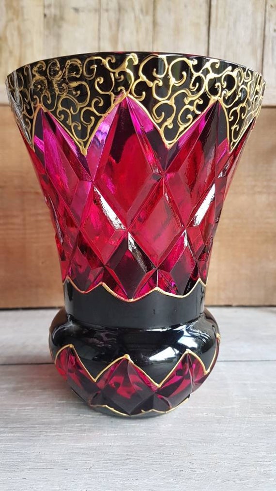 Vase Ancien Peint à La Main/Vintage /Hand Painted /Rose et Noir Vase en Verre Brocante Chic /Bohème 