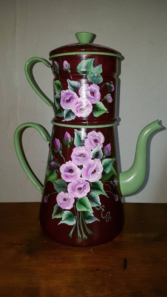 Cafetière Peinte à La Main /Vintage /Brocante Chic/Coffe Pot /Roses, Décoration Rétro/Hand Paint /.a