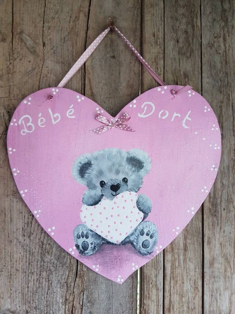 Plaque de Porte Chambre Bébé-Baby Bedroom Décoration-Hand Painted-Pooh-Pink-Heart-Cadeau Baptême /-A