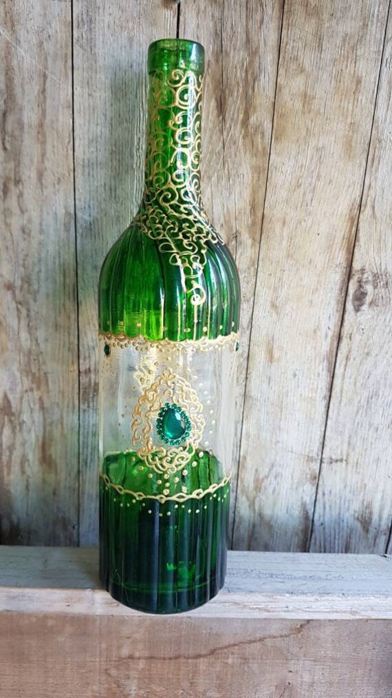 Bouteille Peinte/Décor de Bouteille Vin à La Main Verte Bouteille Vintage