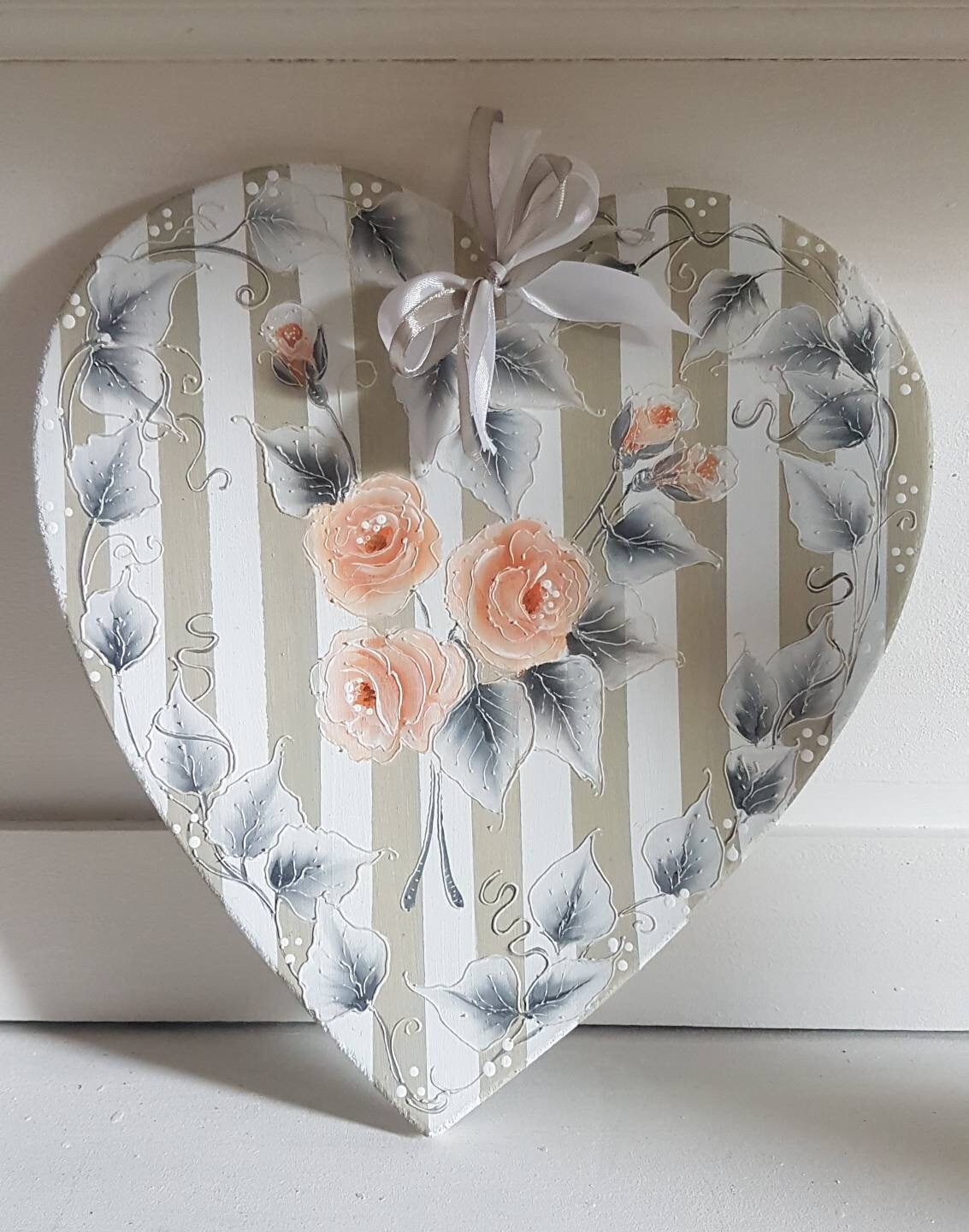 Coeur en Bois /Décor Fleurs /Wooden Painted/Roses Coeur A Suspendre Hand Artisanat D Art Atelier Cre