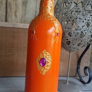 Bottle decorated /Painting /Oriental style /Orange / Chic decoration / Home décor