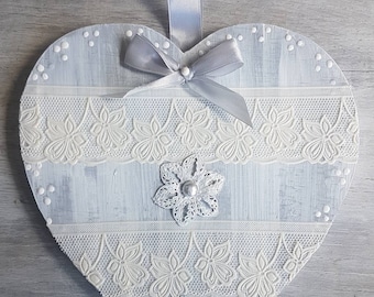 Wooden heart .Shabby chic.Home decor. Acrylic.Hand paint. Lace.Ribbon.Wooden heart.Made in France