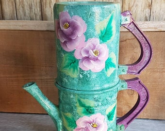 Hand-painted coffee maker /Vintage / Flea market / Arts and crafts / Made in France /Hand painted / Pot rope /Acrylic / Chic campaign