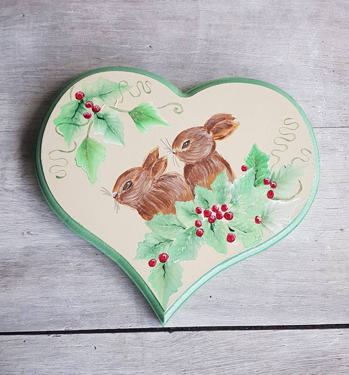 Coeur en Bois/Coeur A Suspendre/Country Painting /Déco /Lapin /Animaux Acrylique /Wooden Painted